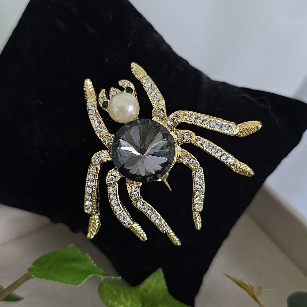 Gold With Rhinestones Spider Brooch Pin